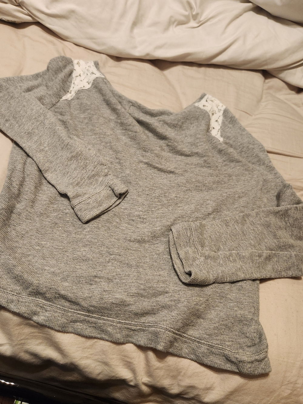 LOFT Light Gray Knit Top with Lace Accent